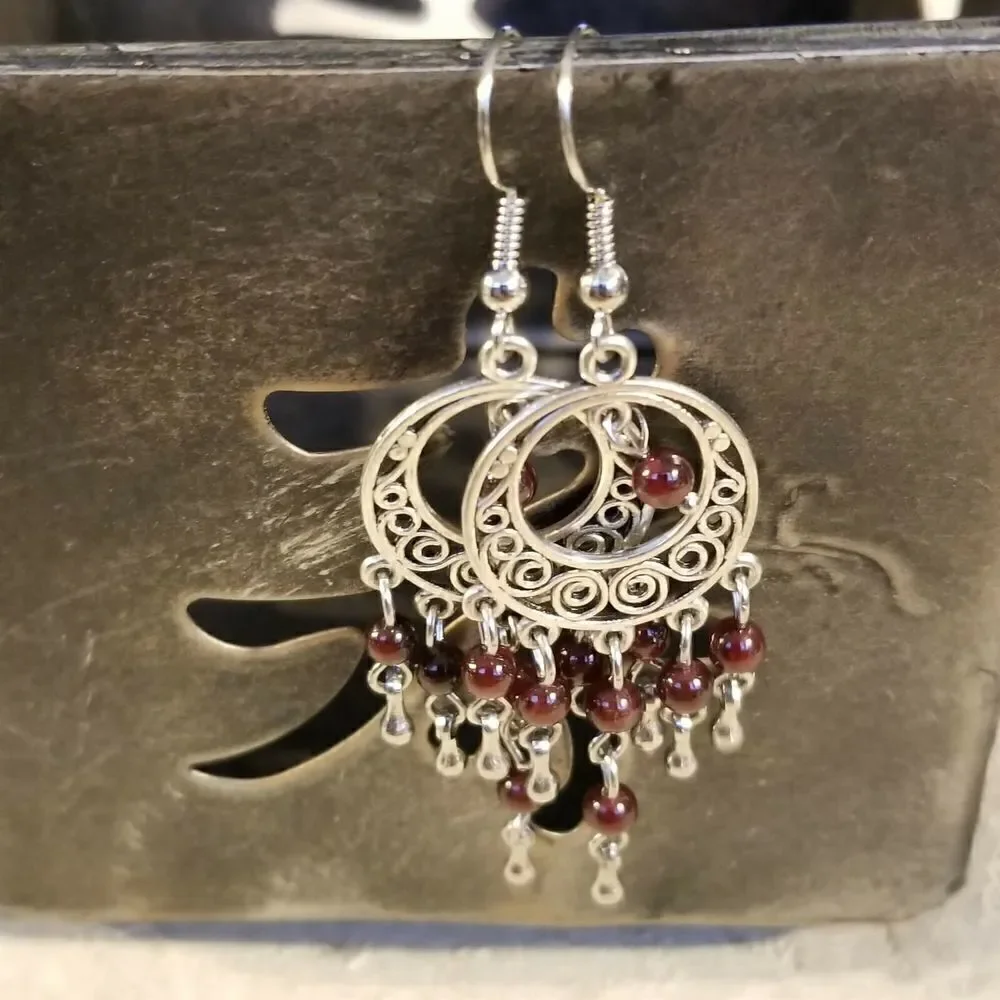 Handcrafted Natural Red Garnet Gemstone Antique Silver Chandelier Earrings